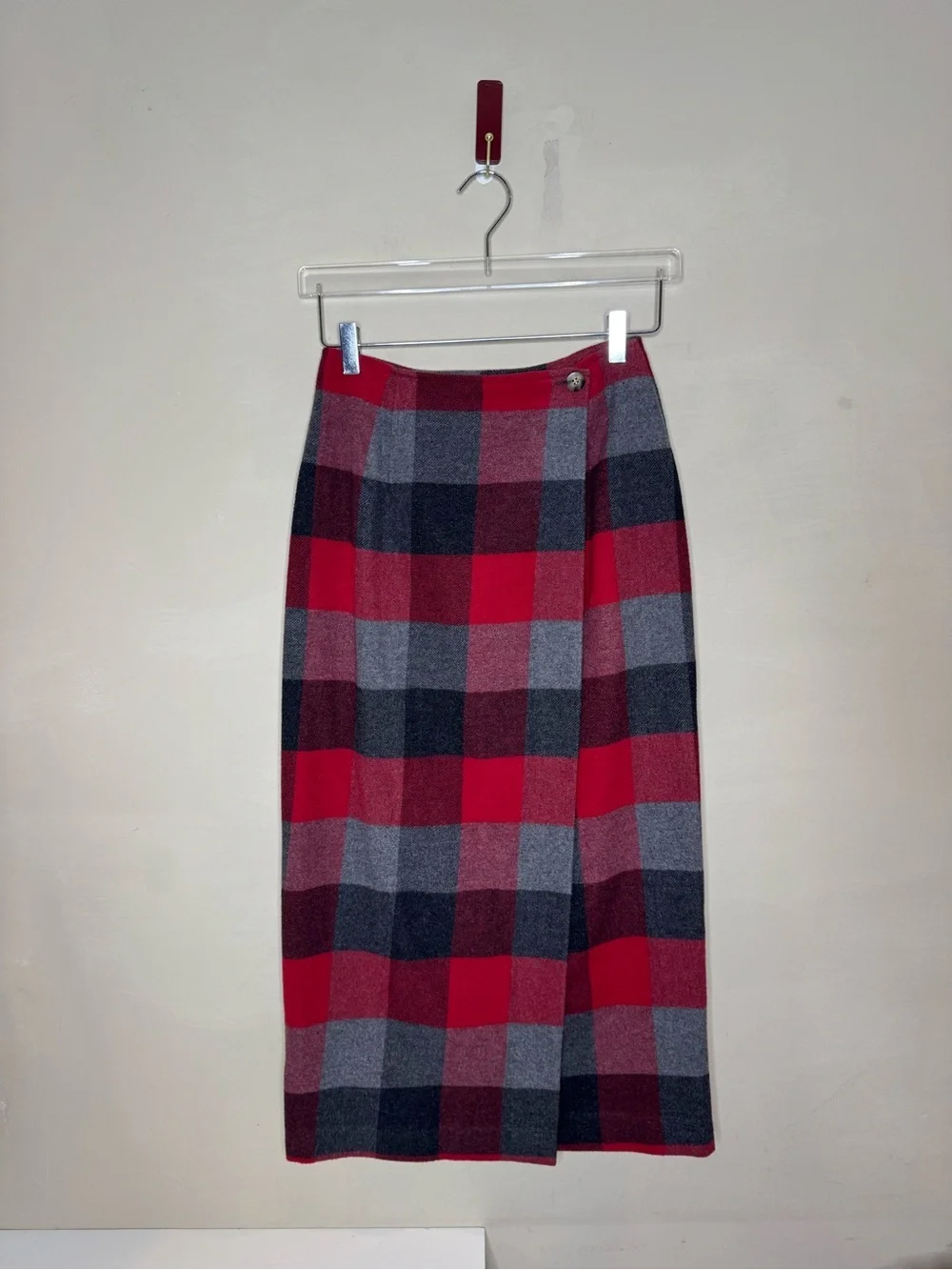 Vintage Old Navy Plaid Wool Blend Wrap Midi Skirt Size 4 Red Gray Black